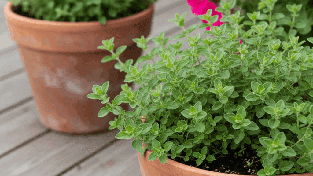 Two terracotta pots of oregano sit on a weathered wooden deck, with bright pink flowers visible in the background.