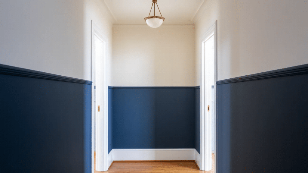 Two tone hallway with navy and white wall design