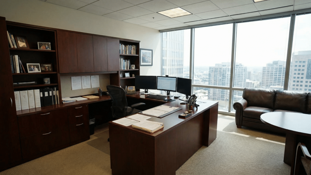 U-shaped executive desk with extended workspace and storage