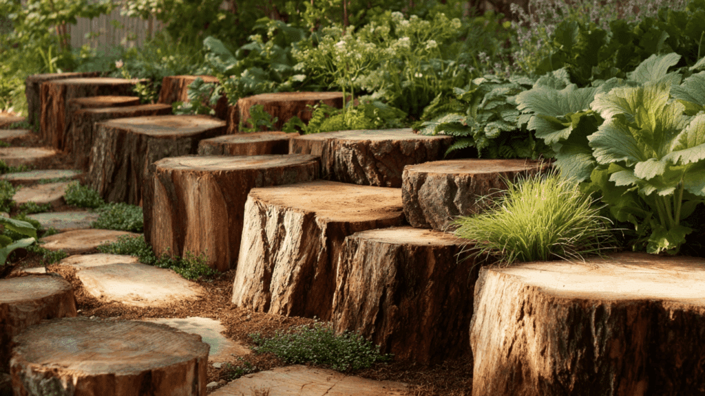 Untreated log round edging for a rustic garden border