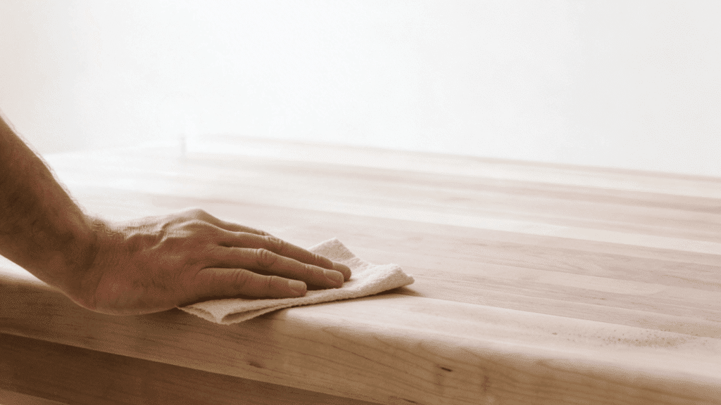 Vacuum and tack cloth cleaning dust from butcher block countertop surface.
