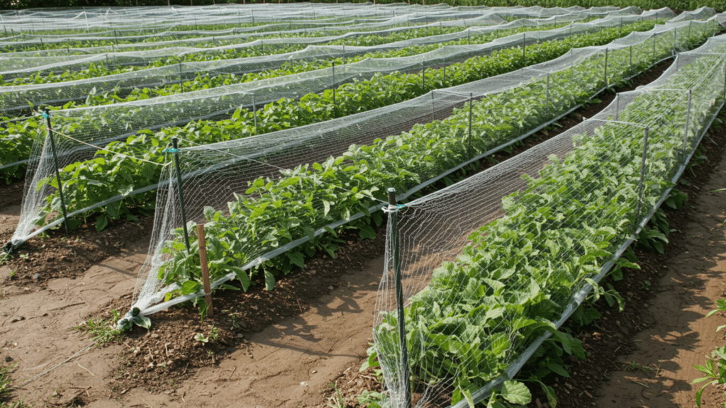 Vegetable garden covered with netting to block squirrels