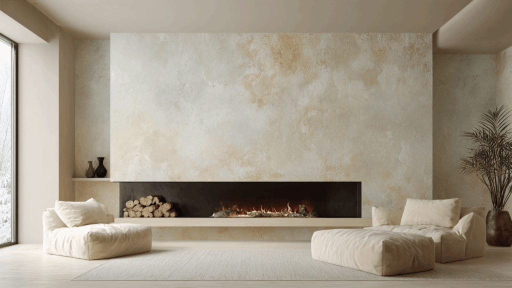 Venetian plaster gradient fireplace wall with modern minimalist style