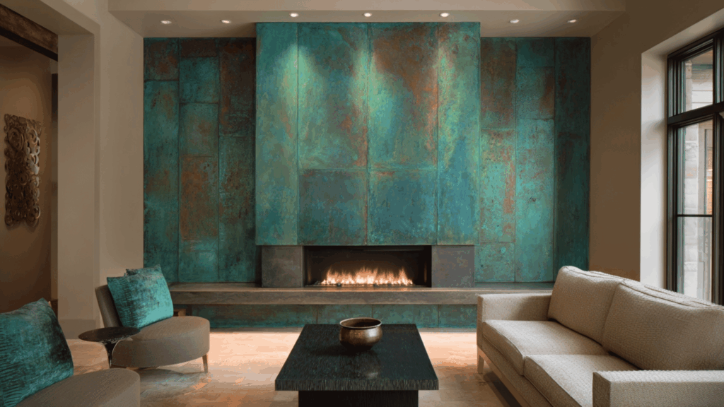 Verdigris copper fireplace accent wall with bold modern statement