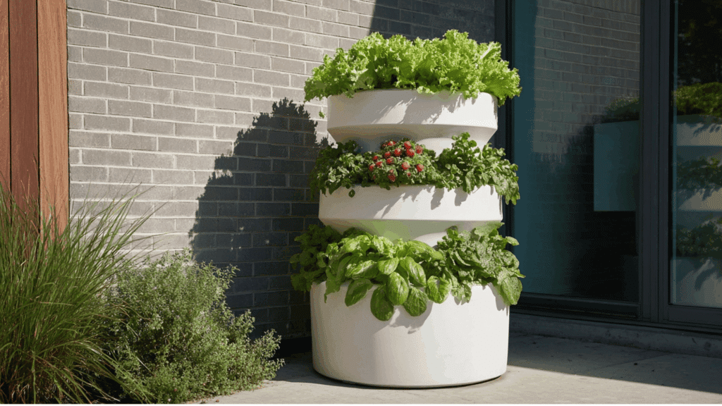Vertical garden tower planter growing herbs and leafy greens