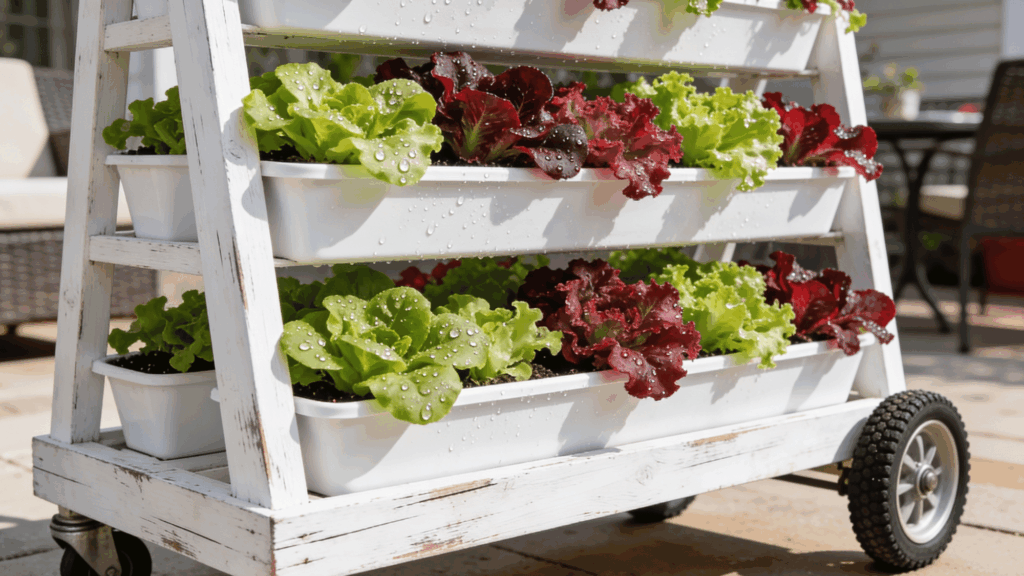 Vertical gutter planters growing leafy greens in stacked rows