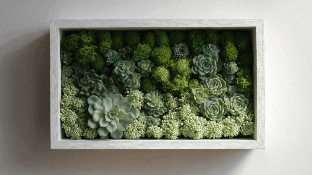 Vertical succulent frame wall art with neatly arranged plants
