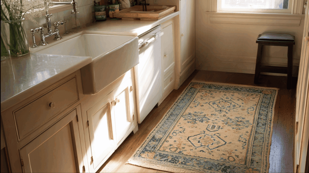Vintage patterned rug in a cottage kitchen