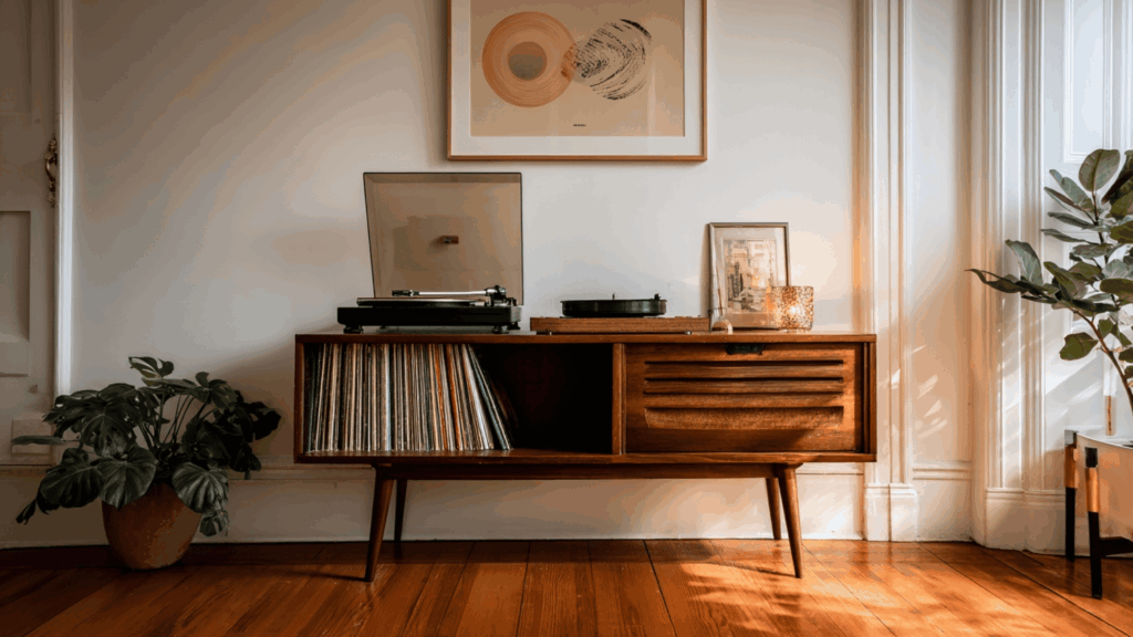 Vintage record player on walnut console in modern room