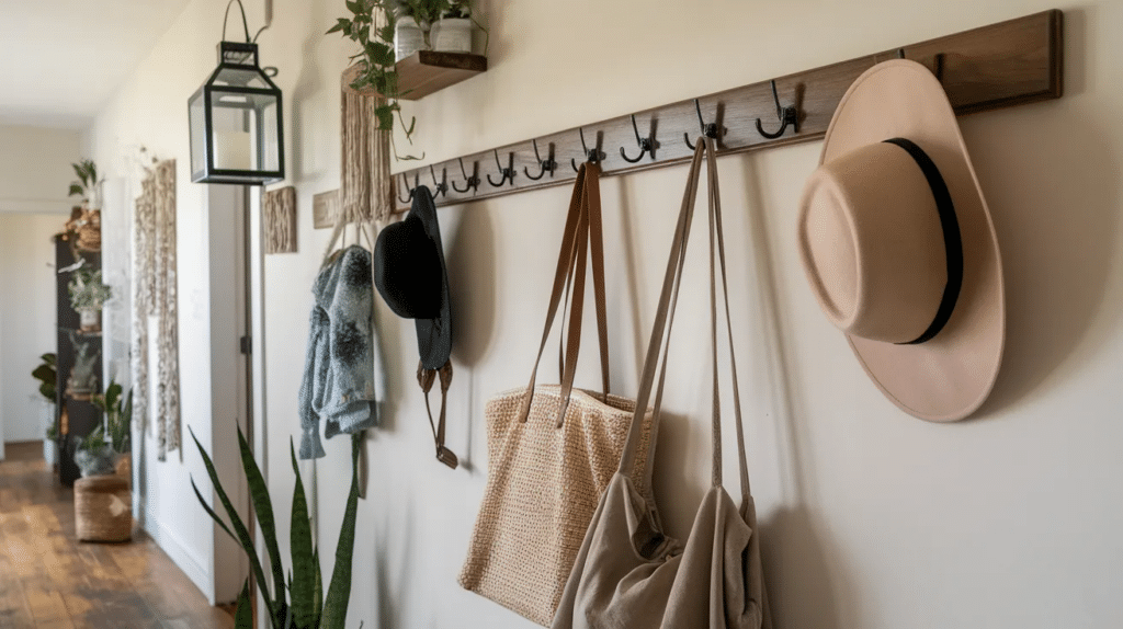 Wall hooks with hanging items in hallway
