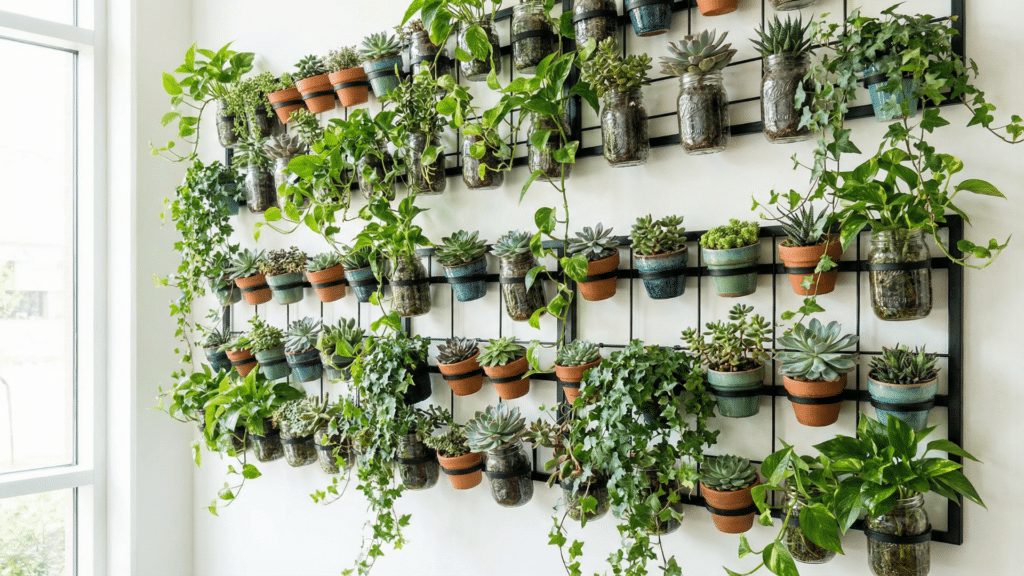 Wall mounted indoor garden with jars and pots holding small green plants
