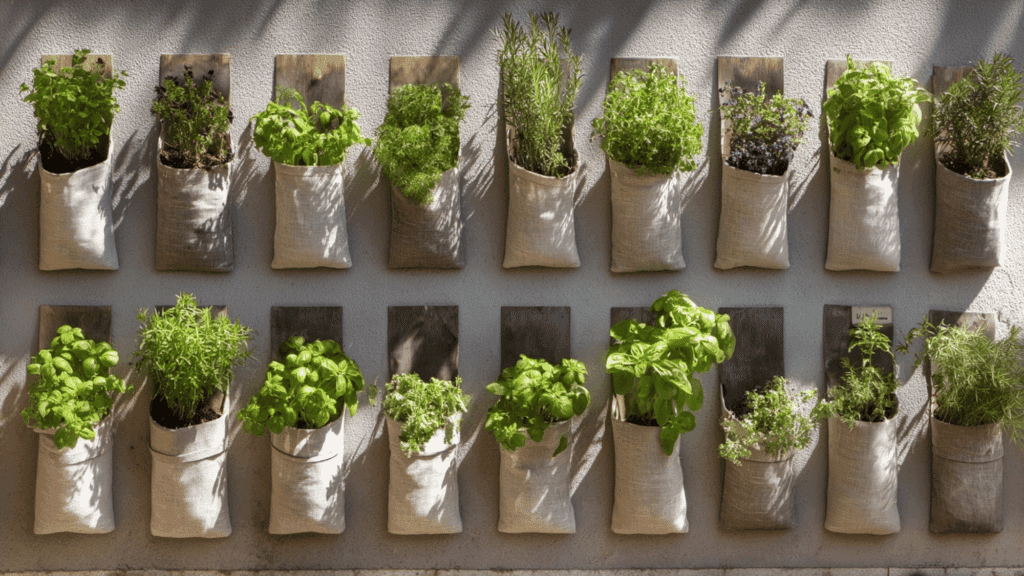 Wall-mounted pocket planters filled with herbs and flowers in sunlight
