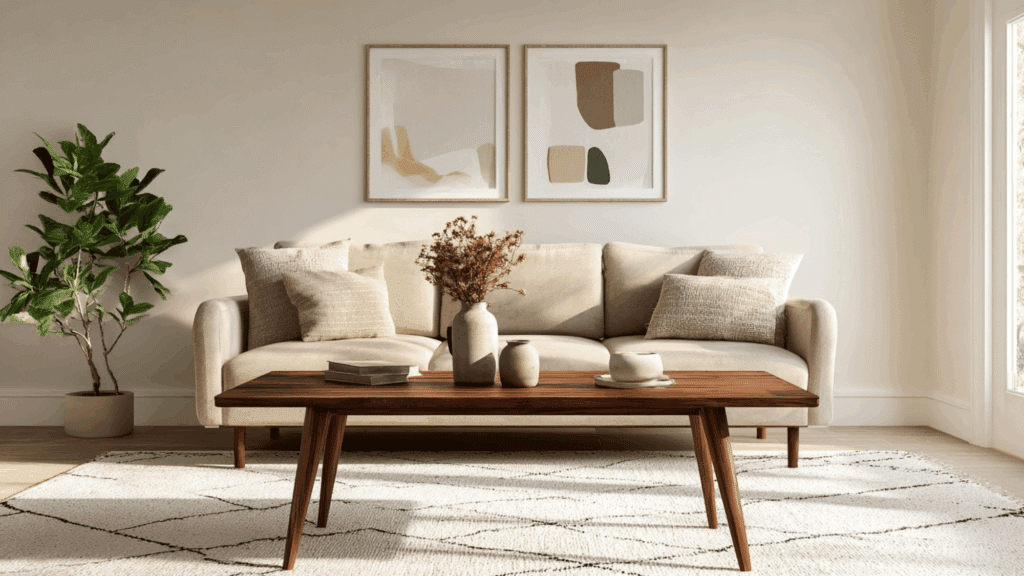 Walnut coffee table with clean lines in mid century modern living room