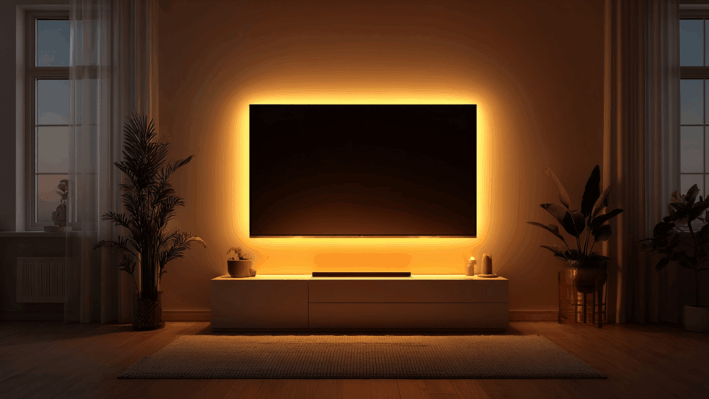 Warm LED backlighting behind TV with a clean modern TV stand setup.