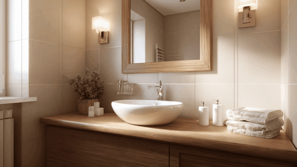 Warm beige bathroom paint with neutral tones and a clean cozy design