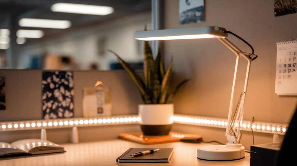 Warm desk lamp lighting in a cozy cubicle