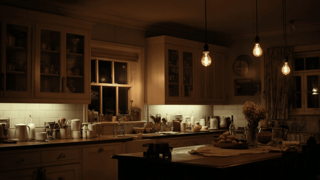 Warm lighting in a cozy cottage kitchen