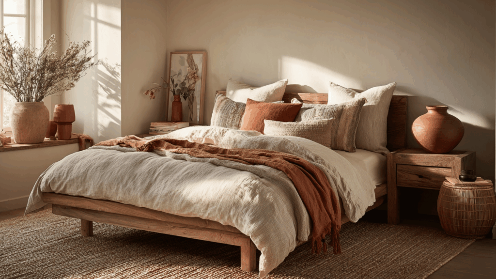 Warm neutral bedroom with terracotta accents and earthy decor