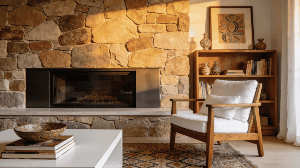 Warmly lit living room corner featuring a large stacked stone fireplace featuring modern fireplace accent wall ideas.