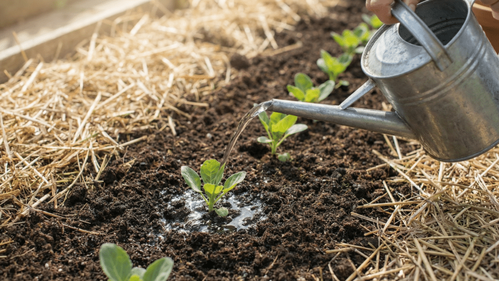 Watering Brussels sprout plant with mulch around base