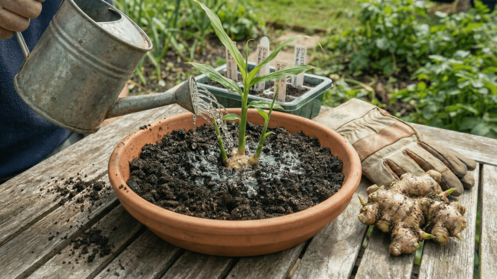 Watering a mulched ginger plant in a pot after planting