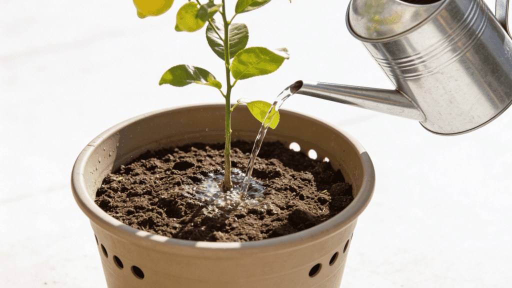 Watering young lemon tree with watering can outdoors