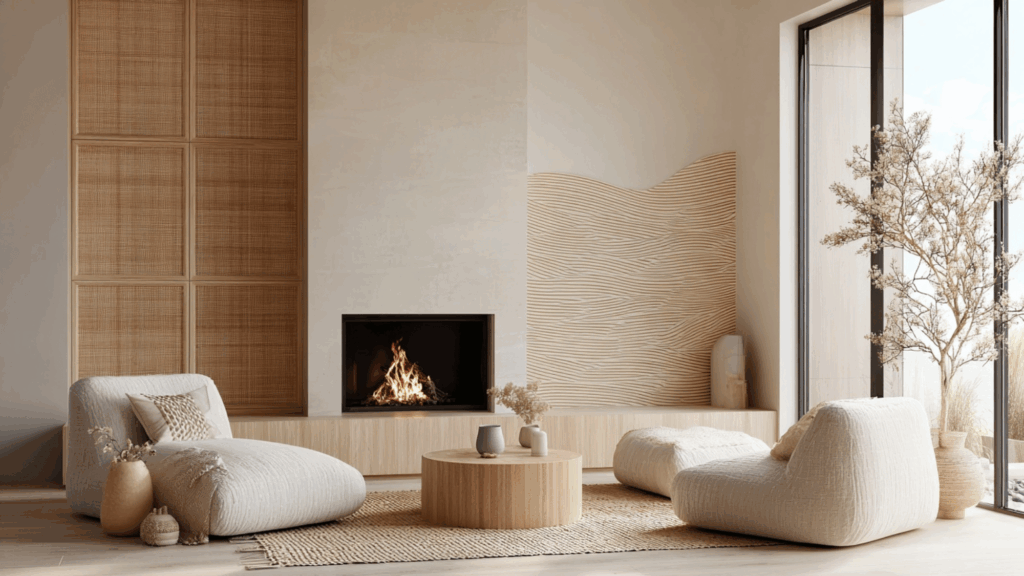 Wave pattern rattan fireplace backdrop with modern coastal minimalist décor