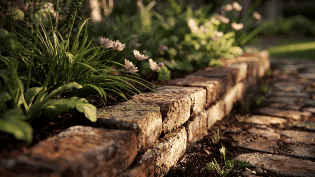 Weathered brick edging laid flush with garden soil