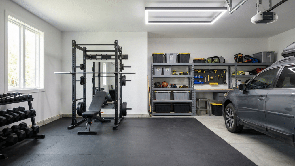 17 Best Half Garage Gym Ideas for Home Well organized half garage gym with squat rack, rubber flooring, and storage space beside a parked car