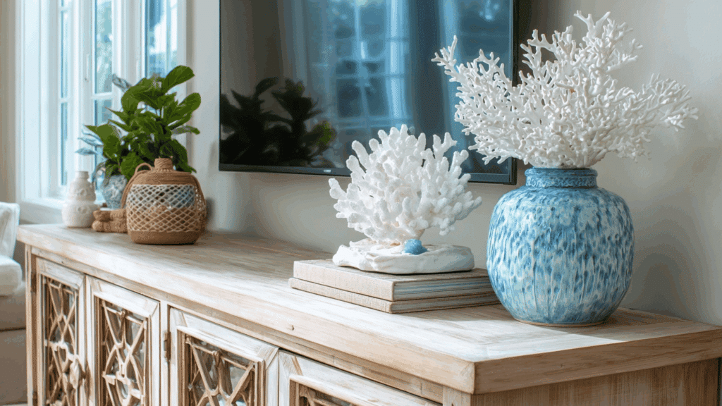 White coral decor accent styled on a coastal TV stand.