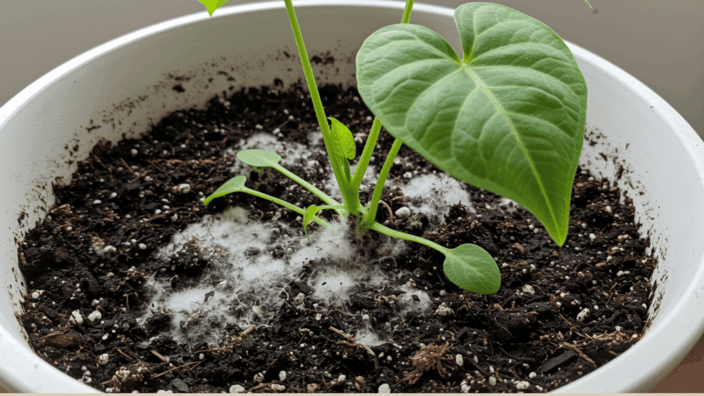 White fuzzy mold covering the dark potting soil around the base of a small green houseplant in a white pot.