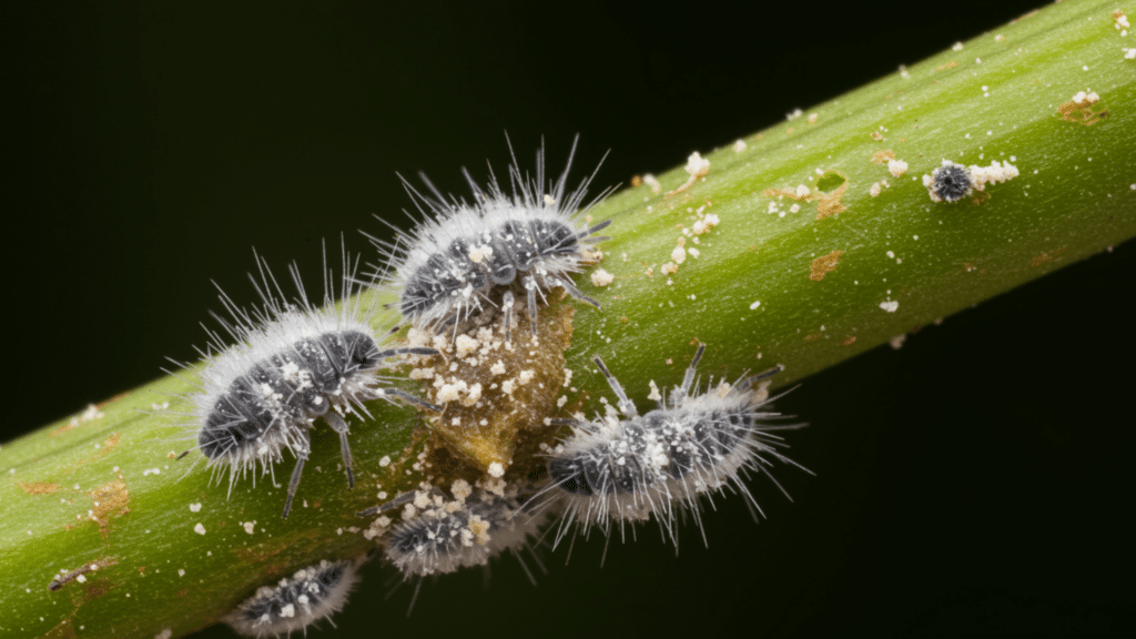 White mealybugs on a plant stem joint with visible cotton-like fluff.