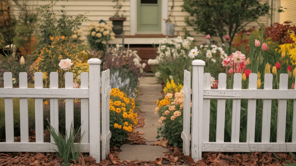 White picket wood fence enclosing a flower-filled front yard