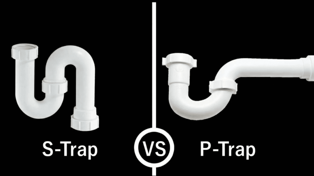 S Trap vs P Trap: Which One is Better? White plastic S-trap plumbing fixture compared against a P-trap plumbing fixture on a black background