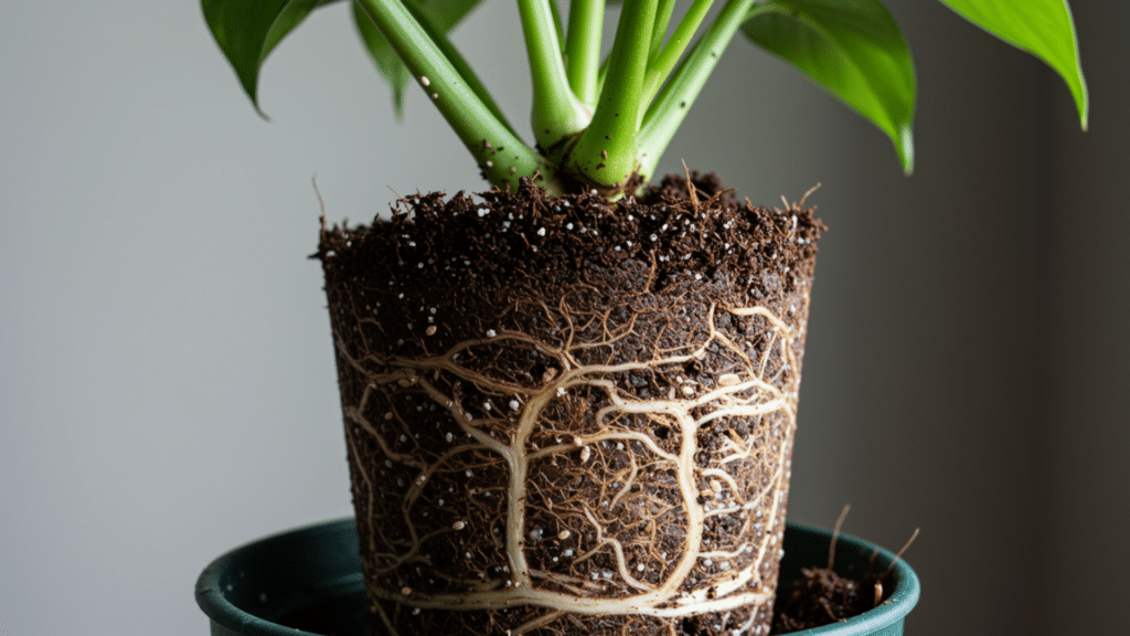White root aphids visible on houseplant roots after removing from soil