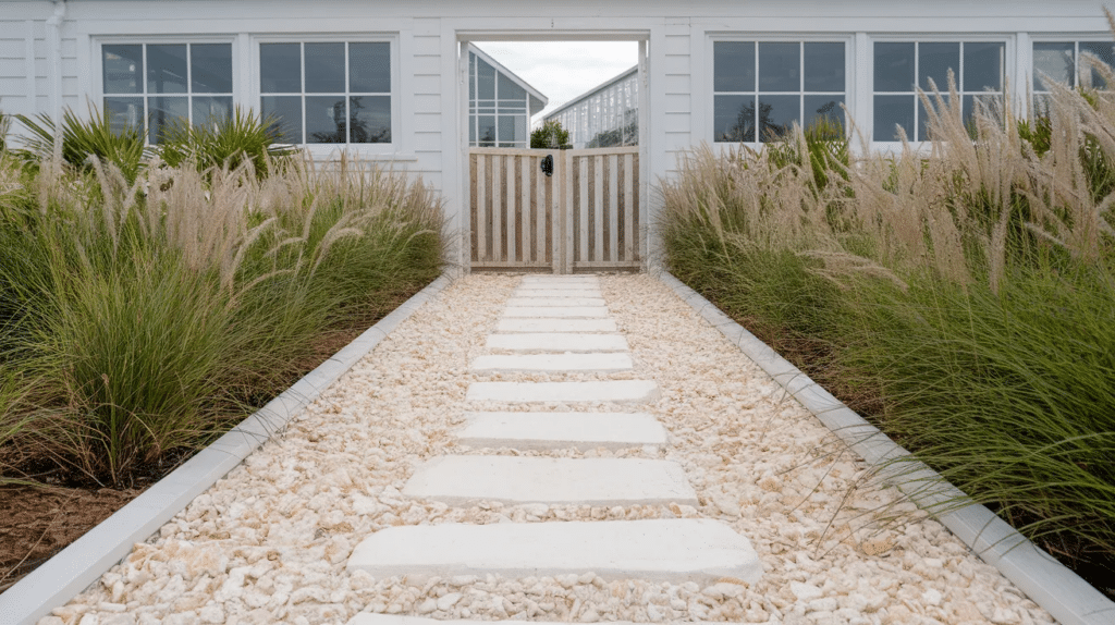 White shell garden path surrounded by beach plants and sand loving grasses