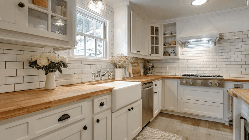 White subway tile backsplash in a cottage kitchen