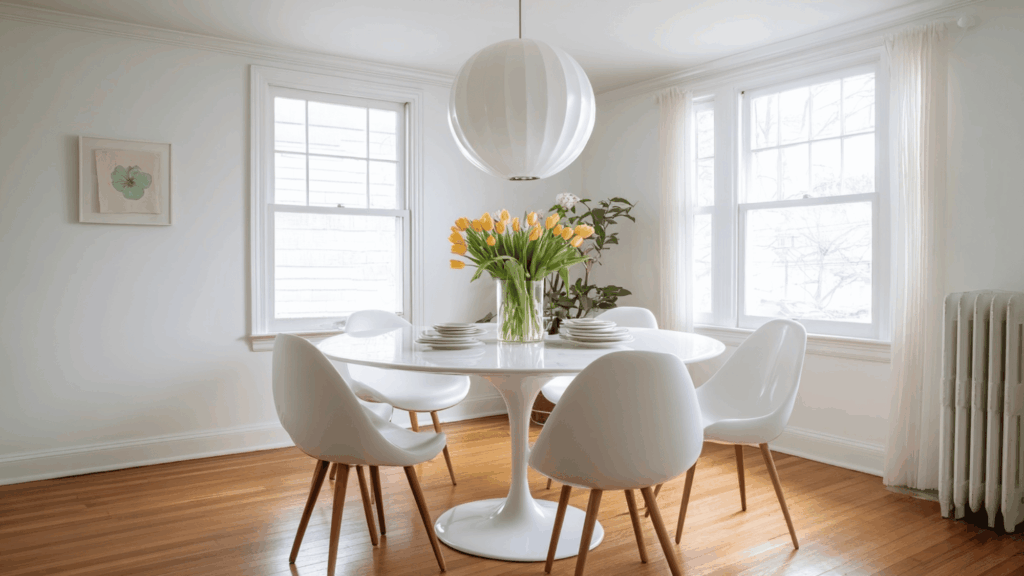 White tulip dining table with pedestal base and molded chairs