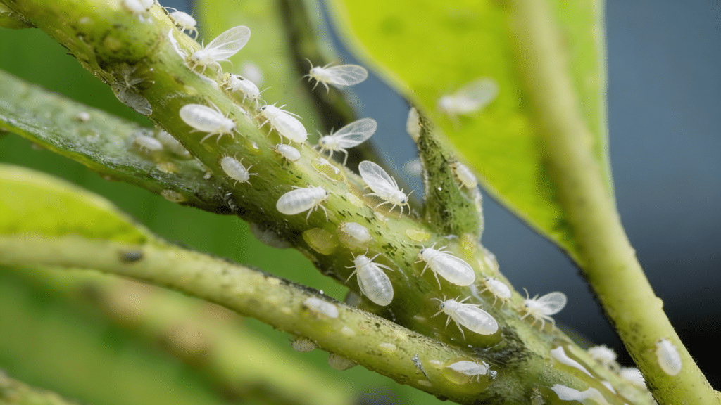 Whiteflies flying from under a leaf with sticky residue and larvae on the surface.