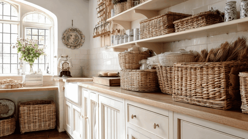 Wicker basket storage in a cottage kitchen