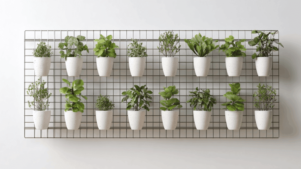 _Wire grid vertical garden with small pots arranged neatly