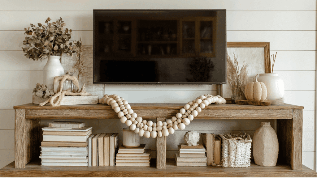 Wooden bead garland decor draped on a farmhouse TV stand.