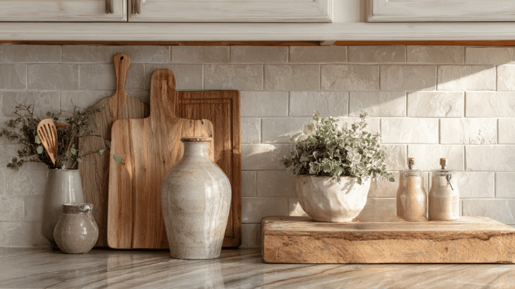 Wooden cutting boards as cottage kitchen décor