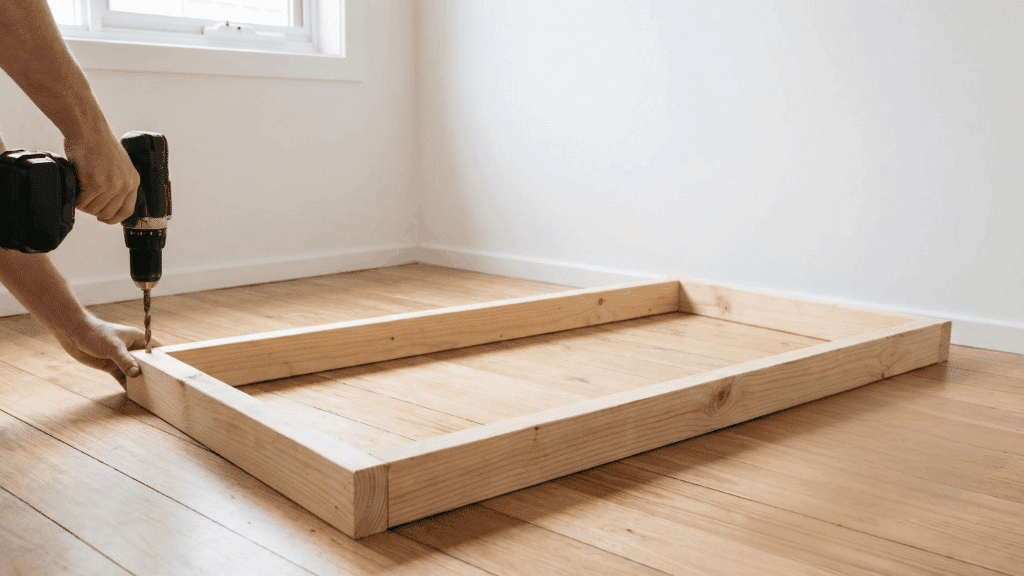 Wooden frame being assembled with screws and drill on clean floor.