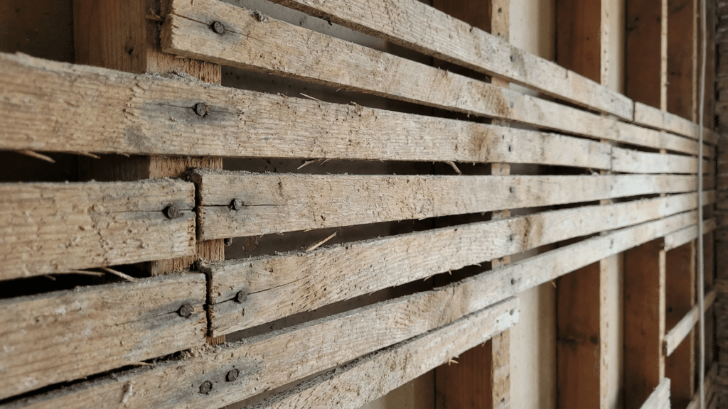 Wooden lath strips attached to wall studs before plaster application