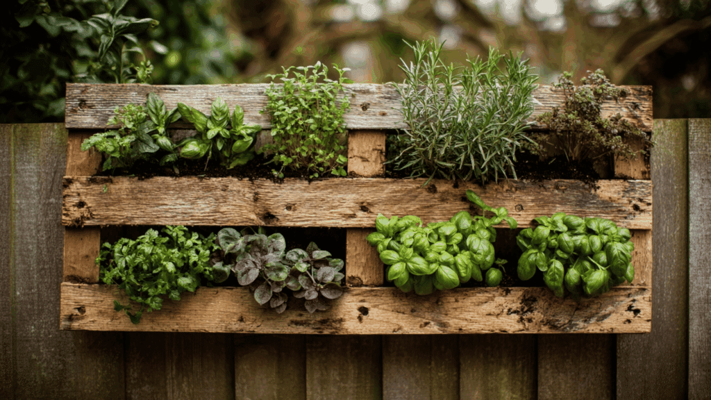 Wooden pallet vertical garden with herbs and small plants outdoors