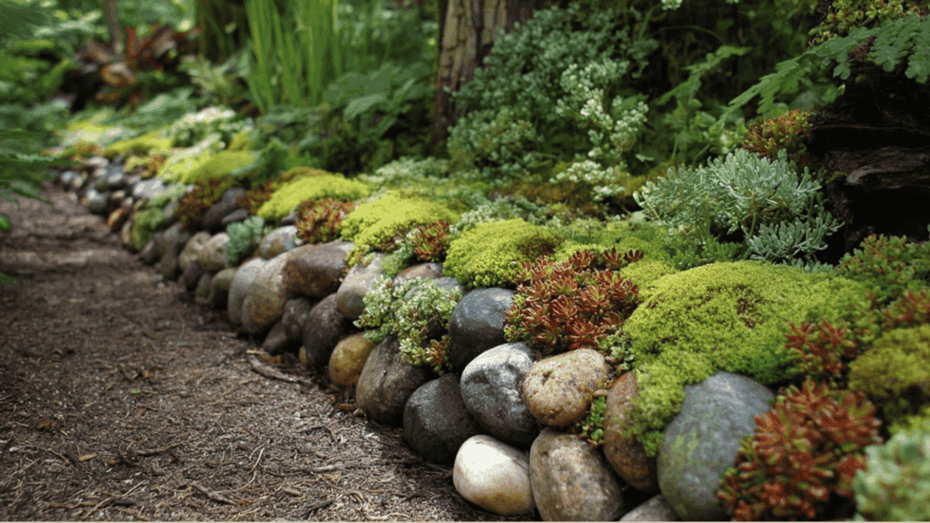 Woodland stone and plant mix used as natural edging