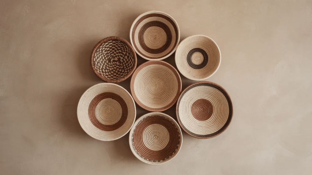 Woven baskets of various shapes and sizes arranged as textured wall decor