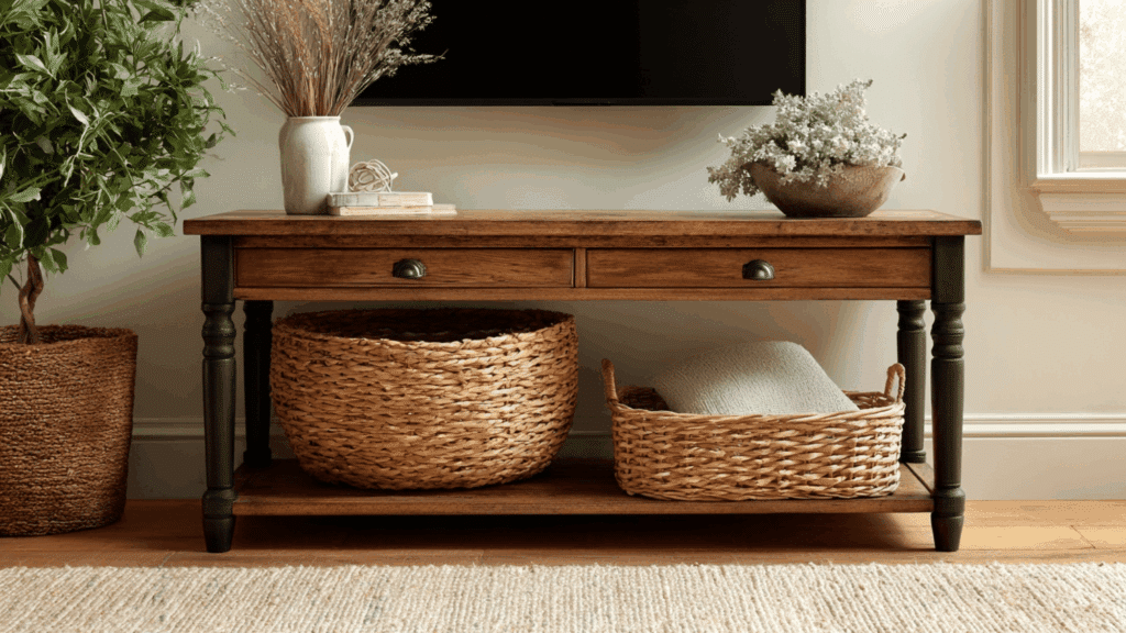 Woven storage basket used as stylish decor on a TV console shelf.