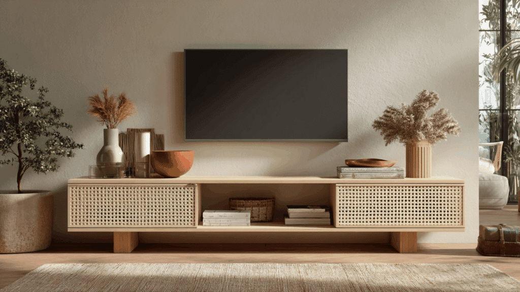 Woven storage box decor placed neatly on a TV stand shelf.